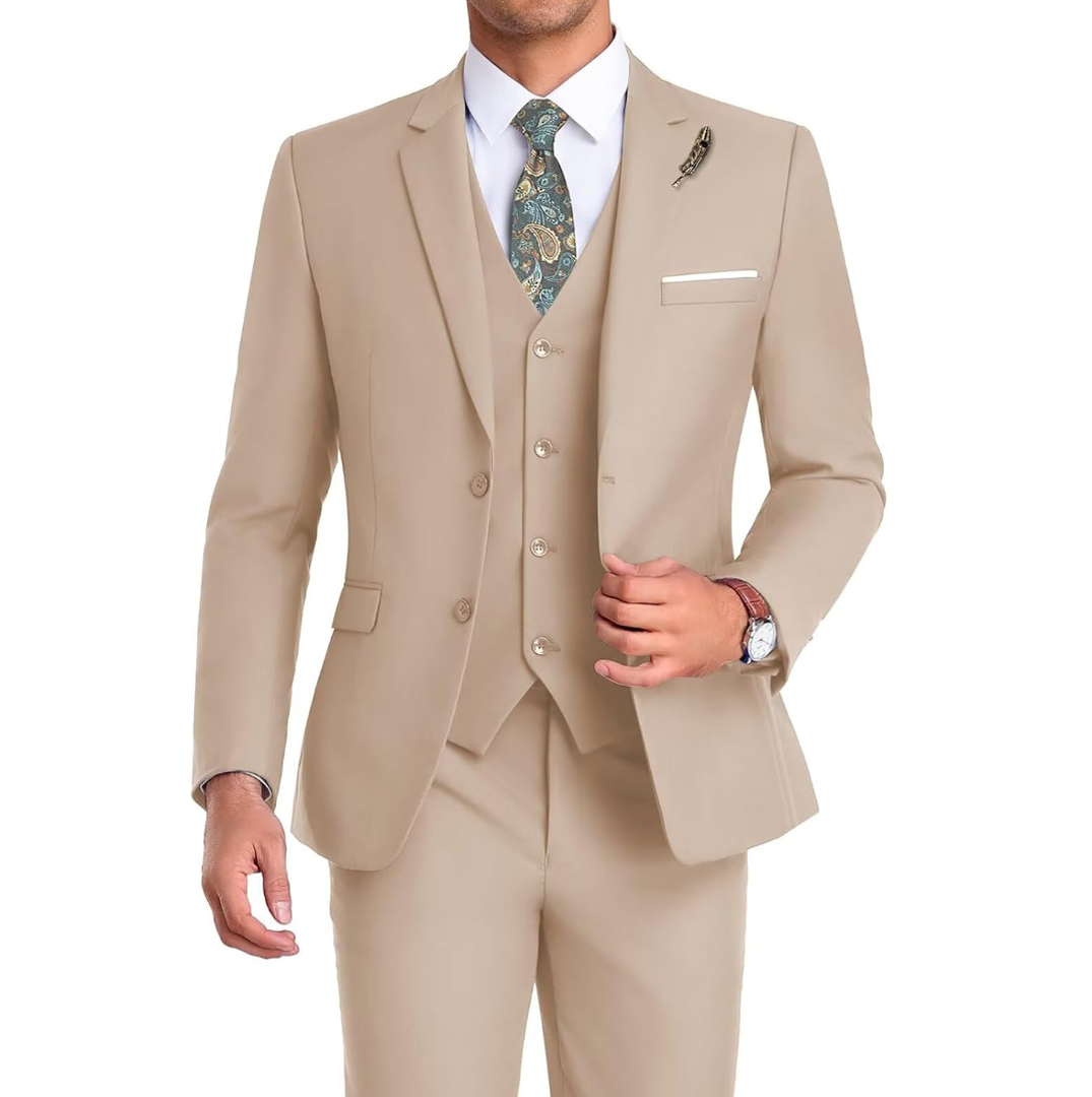Men Suit 3 Pieces Slim Fit, 2 Buttons Groomsmen Business Jacket Vest Pant Prom Tuxedo with Tie, S