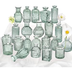 Green Glass Bud Vase Set of 22, Small Vases for Flowers, Clear Glass Vases for Centerpieces, Mini Bud Vases in Bulk Rustic Wedding Decorations, Centerpieces, Vintage Look Home Table Flower Decor