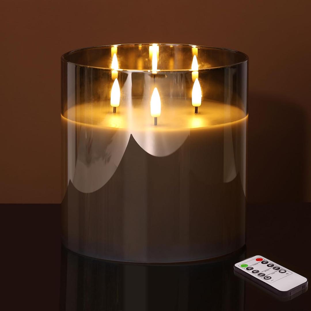 Eywamage 3 Wick Smoke Grey Glass Flameless LED Candle with Remote, Flickering Large Battery Pillar Candle Decor  6" H 6"