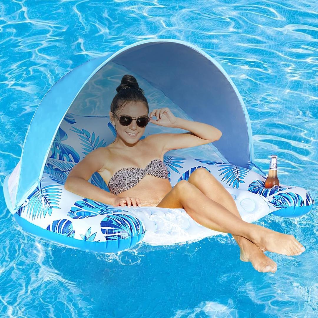 Pool Float with Canopy, Cup Holder - XL Pool Chair Lounge Float with Adjustable Sun Shade Cover, Drink Holder, Ergonomic Headrest,Inflatable Pool Float for Adults (Blue)