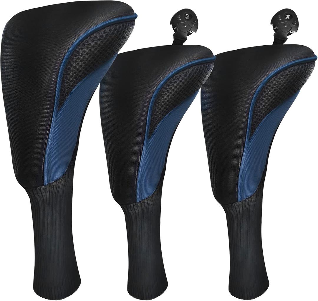 Golf Club Head Covers for Fairway Woods Driver Hybrids 3 Pieces Long Neck Mesh Sports Fan Golf Club Headcovers Set with Interchangeable No. Tags 3 4 5 6 7 X Golf Accessories for Men Women