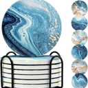 Drink Coasters with Holder, Ceramic Drink Coaster Sets of 6, Marble Blue Ocean Style Absorbent Ceramic Coasters with Cork Base for Home Decor, Kitchen, Gift, Bar, Coffee Table(4 Inches) (C01)
