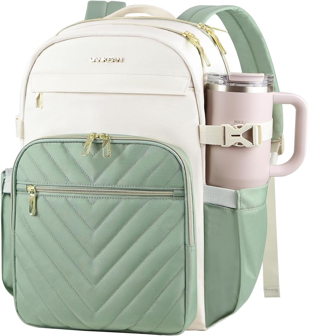 VANKEAN Laptop Backpack for Women with Pouch Pocket for Large Capacity Tumbler, 15.6 Inch Laptop Computer Bag Travel Backpack Purse,Waterproof Work Business College Teacher Bags, Beige-Light Green