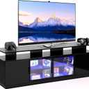 70 Inch Black TV Stand for Living Room, LED Entertainment Center for Gaming, Modern TV Cabinet Console, Transparent Glass Door Storage Cabinet
