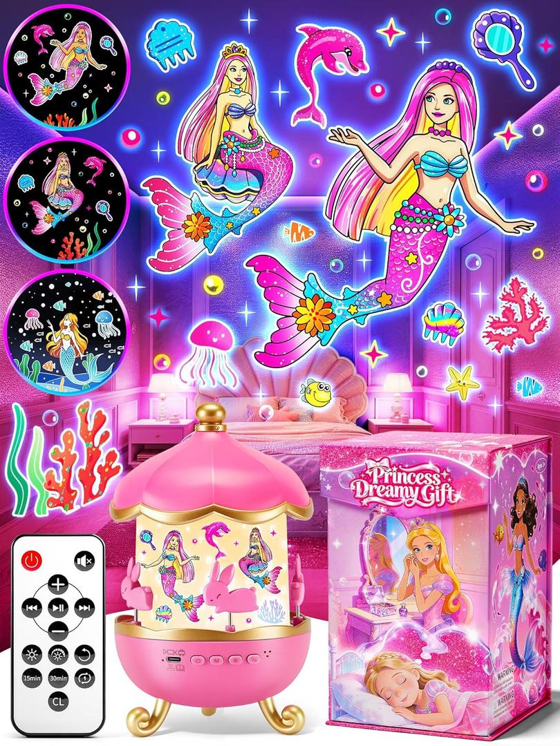 Little Mermaid Toys, 15 Soothing Sounds+18 Films+378 Colors Kids Night Light Projector, 360+Remote+Cordless+Pink Mermaid Birthday Gifts for Girls, Princess Toys Princess Room Decor[Dreamy Packaging]