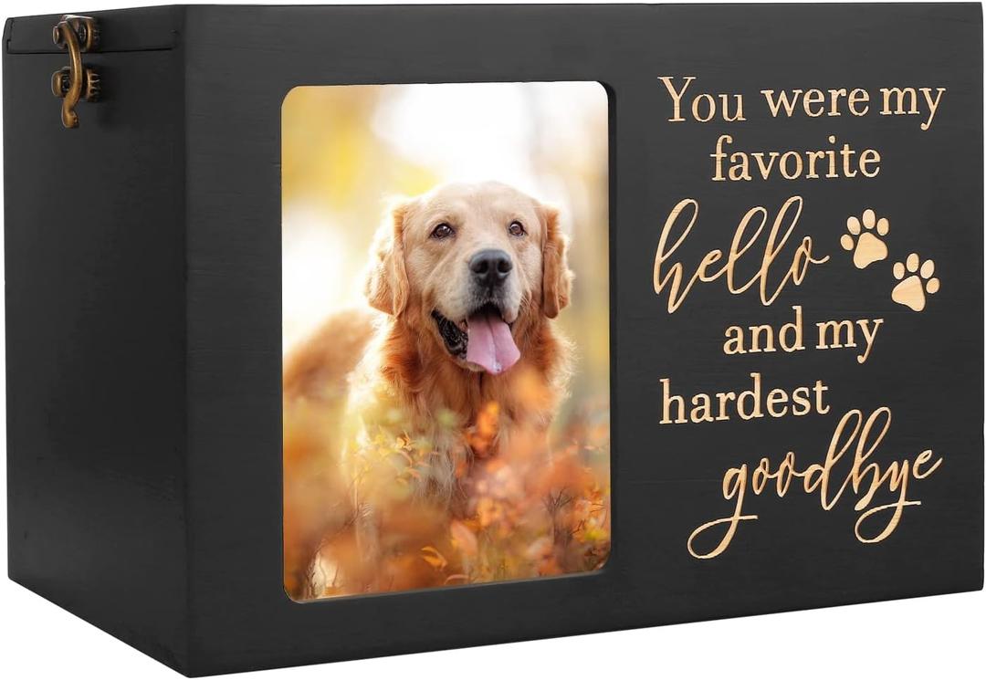 Pet Memorial Urns for Dog or Cat Ashes, Large Wooden Funeral Cremation Urns with Photo Frame, Keepsake Memory Box with Black Flannel Lining (Large - Capacity 90 Cubic Inches)