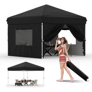 10x10 Pop Up Canopy Tent Outdoor Canopy with 4 Removable Sidewalls One-Person Set Up Heavy Duty Commercial Instant Tent Shelter-Black