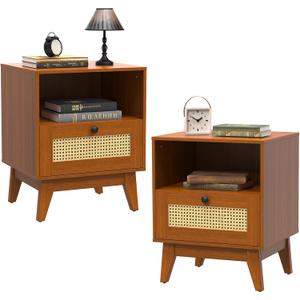 Rattan Nightstand Set of 2, Farmhouse End Table with Solid Wood Legs, Small Boho Mid Century Modern End Table with Storage for Bedroom, Living Room- Boho Style