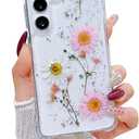 Compatible with Samsung Galaxy S25 Case Cute Pressed Dried Real Flowers Design Women Girly Shockproof Glitter Floral Clear Phone Cover for Galaxy S25 (Pink Flower)