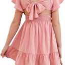 DOKOTOO KIDS Girls Elegant Ruffle Short Sleeve Back Tie Dresses 6-13 Years Old (Pink)