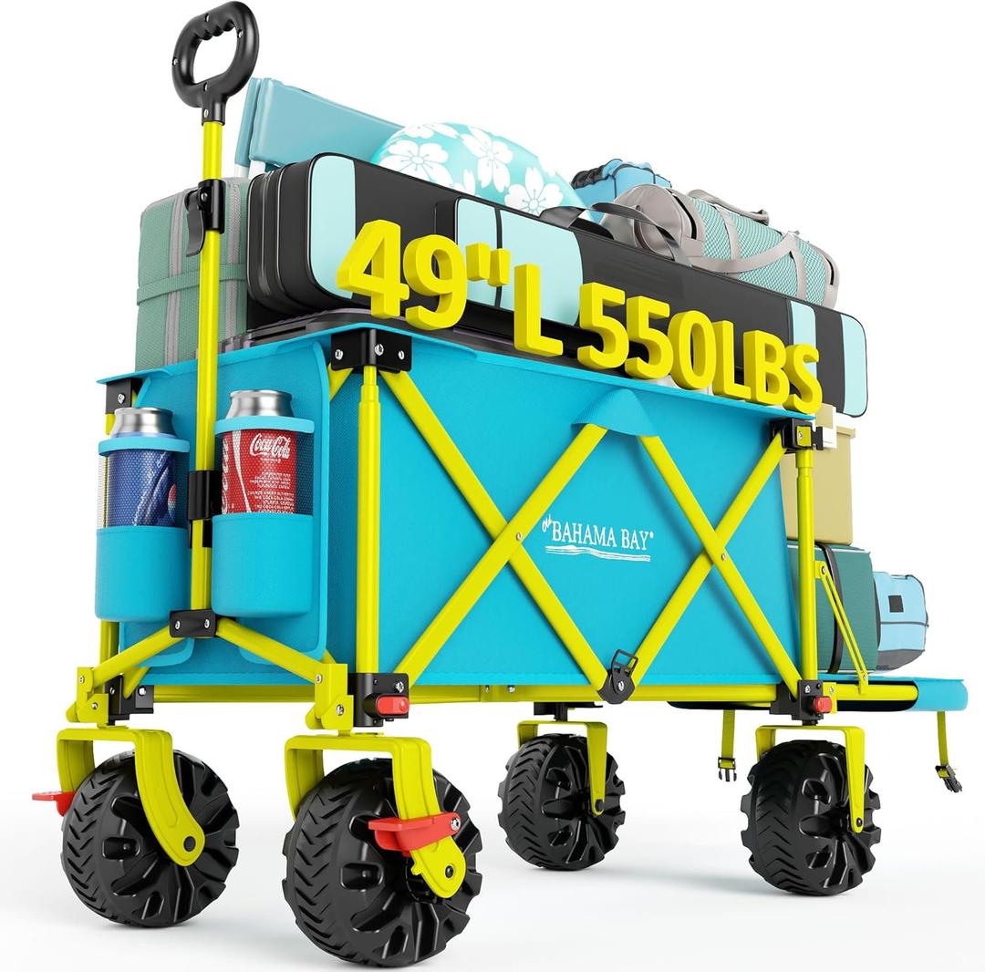 49" L Extra Long Beach Wagon with Tailgate,Big Wheels with Brake for Sand, Collapsible Utility Beach Cart Heavy Duty Folding Wagon,Ideal for Outdoor Sand Camping Garden Pet (Green)