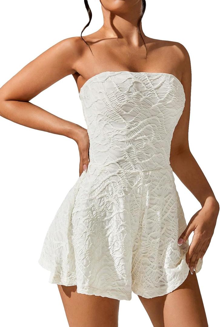 OYOANGLE Women's Textured Strapless RomperHigh Waist Sleeveless Solid Tube Short Jumpsuit Beige Petite-M