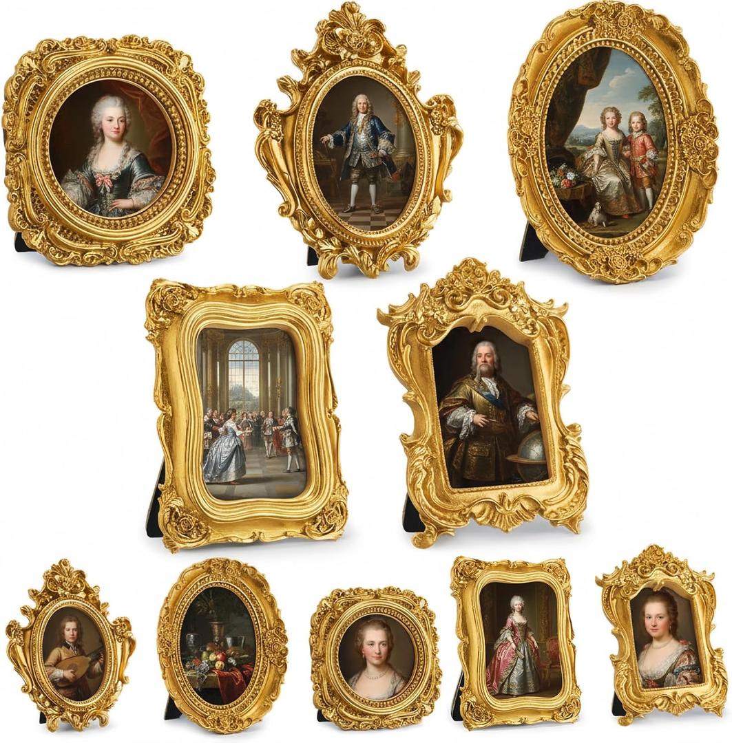 10 Pcs Vintage Mini Gold Frame Small Resin Baroque Picture Frames Antique with Paper Board and PVC Film Retro Photo Ornaments for Home Wedding Wall Display DIY Decoration (Carved Style)