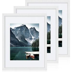 Hongkee 11x14 Picture Frames set of 3, Made of Glass and White Wooden Photo frame - Displays 8x10 Picture with Mat or 11 x 14 Poster without Mat, Wall Collage Frame set