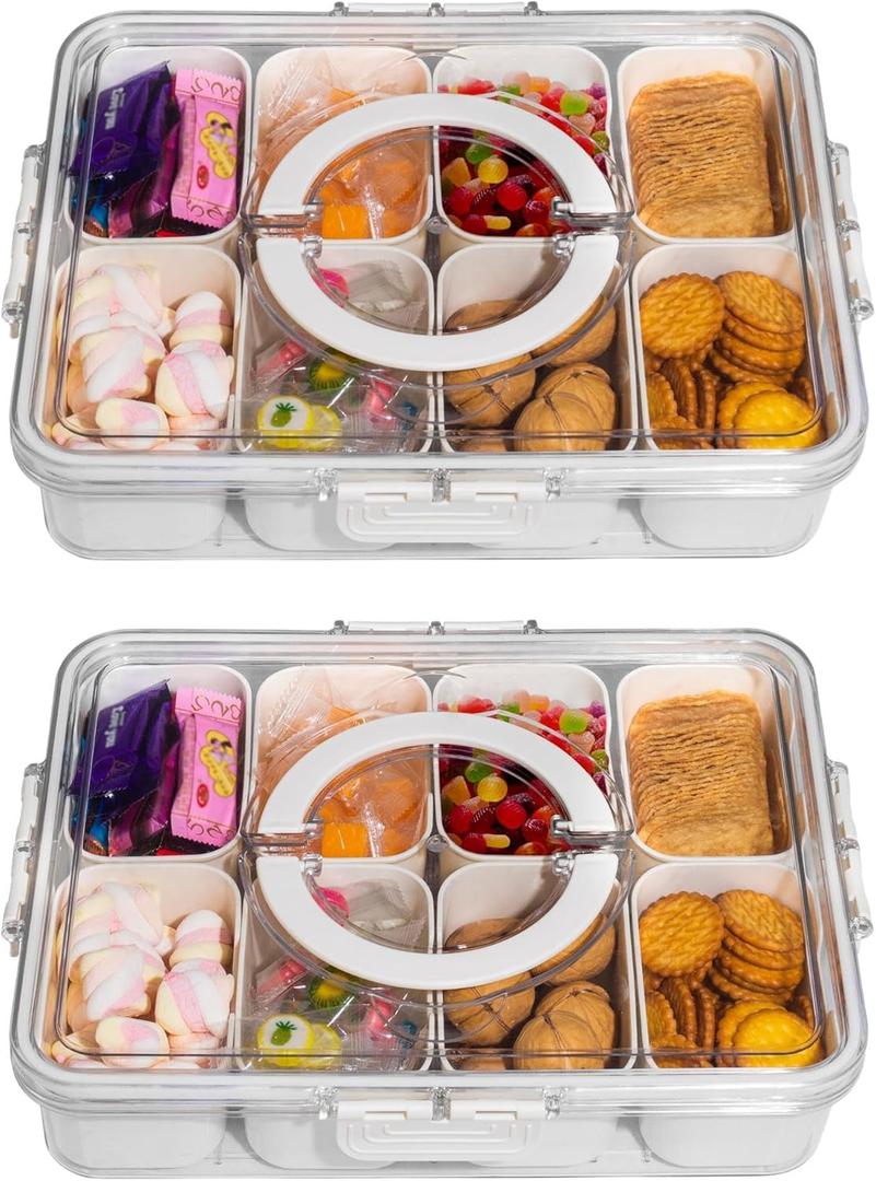 Divided Snack Serving Tray with Lid and Handle Travel Snackle Charcuterie Container Portable Storage Organizer for Candy, Fruits, Nuts, Snacks, Party, Picnic 2 Packs, White