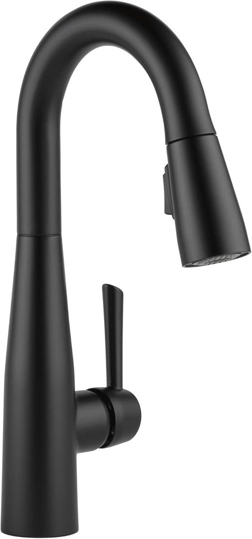 Delta Essa Matte Black Bar Sink Faucet with Pull Down Sprayer, Modern Single Hole Prep Sink Faucet, Single Handle, Matte Black 9913-BL-DST