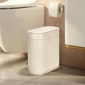 ELPHECO Bathroom Garbage Can 2 Gallon Plastic Smart Garbage Can Waterproof Wastebasket Bathroom Decor Narrow Garbage Bin with Automatic lid for Bedroom, Kitchen (Beige)