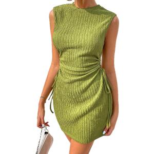 Acelitt Women's Summer Dresses 2026 Beach Casual Crewneck Loose Sundress Ribbed Cut Out Mini Dress Green X-Large