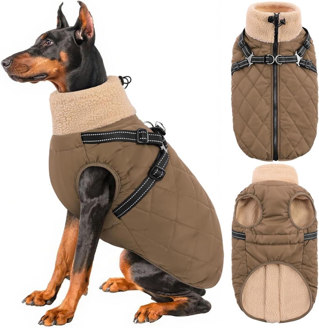 Queenmore Dog Coats for Large Dogs, Dog Jacket, Warm Fleece Winter DogCoat with Harness Built in, Back Zipper Pet Jacket for Large Breeds, Thick Fleece Lining Pet Snowsuit, Brown 2XL