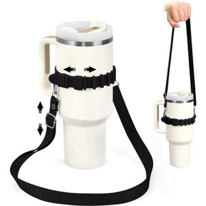 Water Bottle Strap, Silicone Water Bottle Holder with Strap, Adjustable Handle Shoulder Carrier for Stanley (Black)