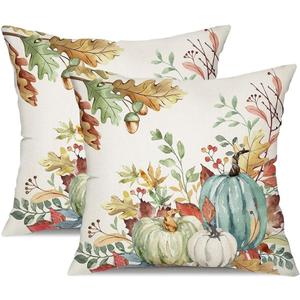 DFXSZ Fall Pillow Covers 18x18 inch Set of 2 Green Watercolor Pumpkin Fallen Leaves Decorative Throw Pillow Covers Autumn Thanksgiving Farmhouse Decoration for Home Couch TH27-F18