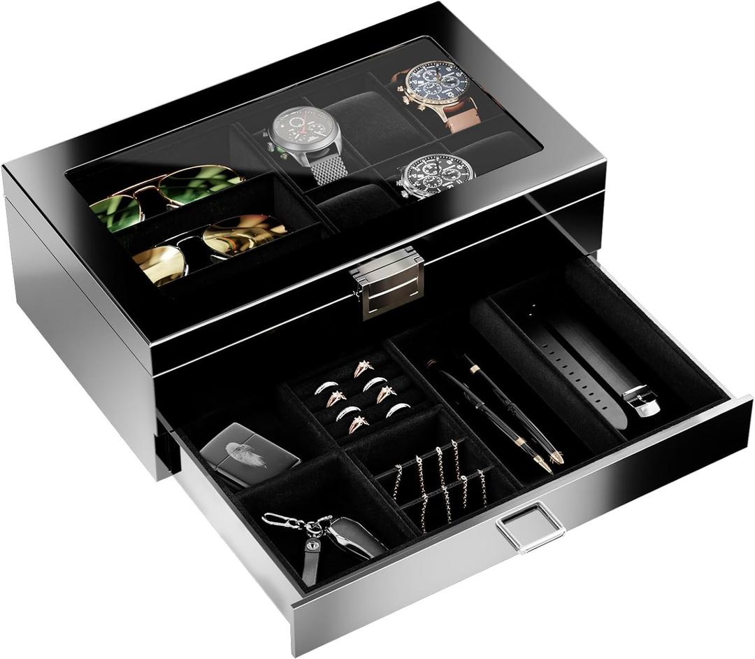 ProCase Wooden Men's Jewelry Box, 2-Tier Watch Holder and Sunglasses Box Organizer for Men, Display Cases with Clear Glass Top and Storage Drawer, Father's Day Gift -Black