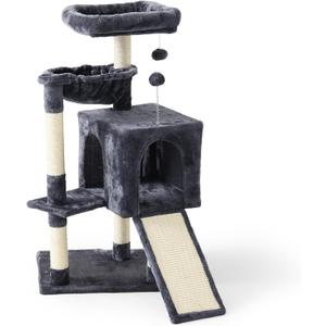 37-inch Cat Tree Tower with Multi-Level Cat Condo, Scratching Posts,2-Door Cat Cave,Grey