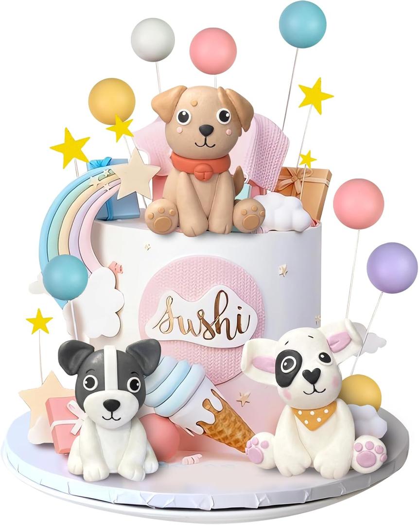 Dog Cake Topper Clay Dog Figurines Star Cloud Ball Cake Toppers Decorations for Dog Theme Paw Cute Pet Decoration Supplies