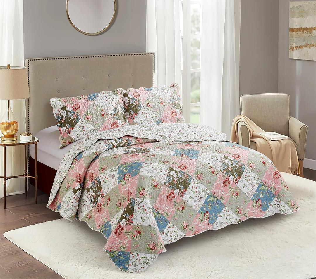 Brilliant Sunshine Peach and Olive Flowers Patchwork, 3-Piece Quilt Set with 2 Shams, Reversible Bedspread, Soft Lightweight Coverlet, All-Season, Full/Queen, Peach Olive