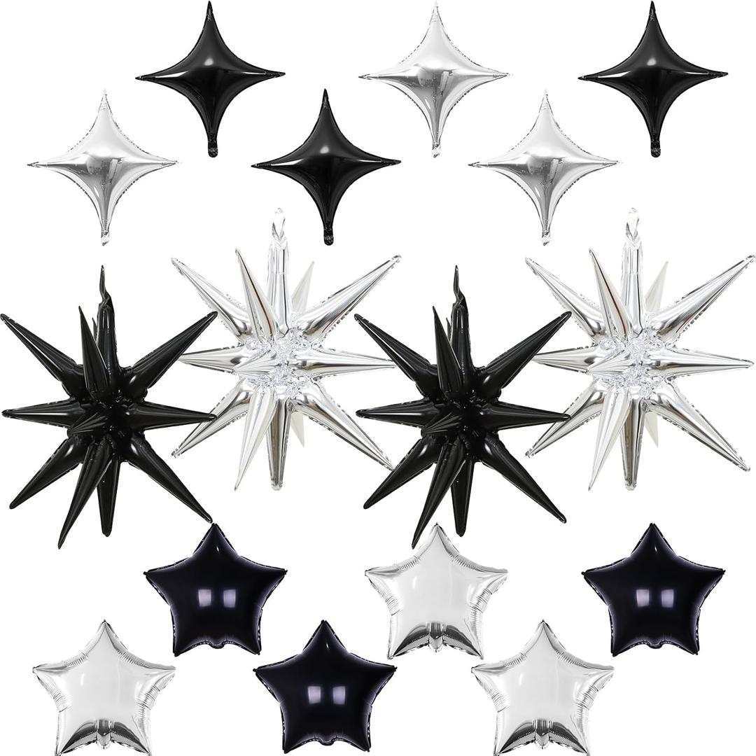 Black and Silver Star Balloons, 22in Large Star Balloons Foil 10in 4-Pointed & Pentagram Balloon for New Year Graduation Wedding Engagement Birthday Party Decorations