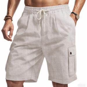 Men's Casual Linen Cargo Shorts with Drawstring Waist & 5 Pockets (Medium, Light Gray)