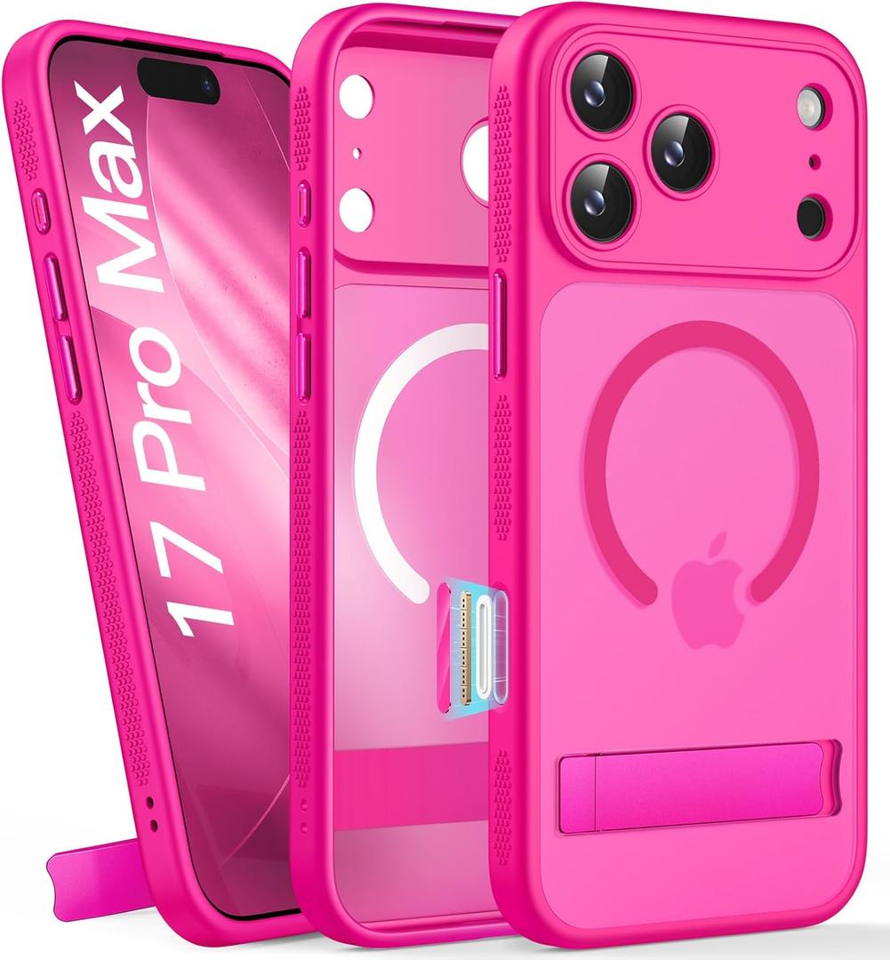 for iPhone 17 Pro Max Magnetic Case with Kickstand, Camera Control, Compatible with MagSafe, Full Lens Protection, Military Grade Shockproof, Translucent Slim Thin Cover for 17 Pro Max, Hot Pink