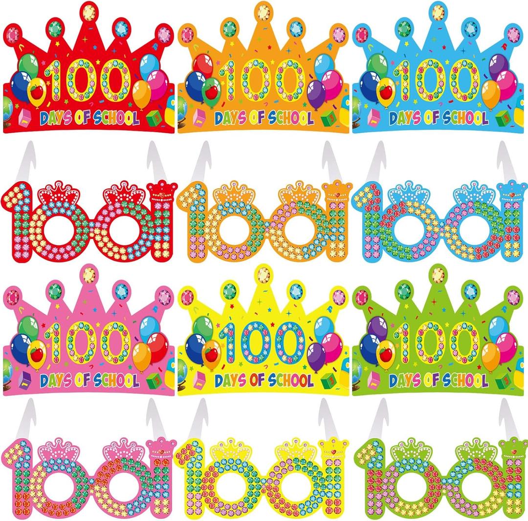 Tatuo 72 Pcs 100th Day of School Decorations, 36 Sets 100 Days Paper Crowns & Glasses, Bulk Happy 100th Day of School Celebration Favors for Kids, Kindergarten, Preschool, Classroom Reward