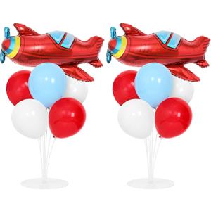 Airplane Birthday Party Balloons Stand Kit 2 Sets with 2 Plane Helicopter Foil Balloons Red Blue White Balloon Centerpiece for Tables for Adventure Time Flies Birthday Baby Shower Party Decoration, 10 inches