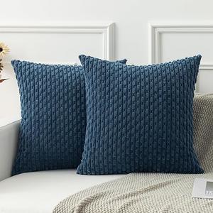 Kevin Textile 2 Packs Blue Decorative Throw Pillow Covers 22x22 Inch for Living Room Couch Bed Sofa Soft Striped Corduroy Square Cushion Case 55x55 cm Rustic Farmhouse Boho Home Decor