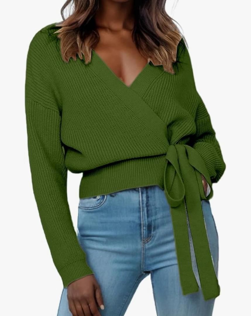 Women's Casual V Neck Wrap Sweater Pullovers Lightweight Ribbed Drop Shoulder Knitted Tops, L