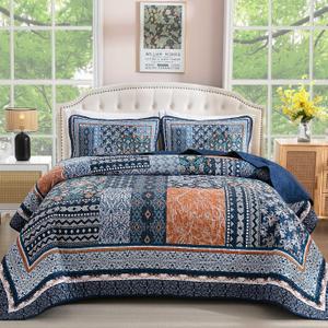 WONGS BEDDING Navy Blue Quilt Set King Size,Bohemian Patchwork Bedspread Coverlet Set, Reversible Farmhouse Floral Pattern Bedspreads Bedding Set for All Seasons (104"x90")