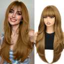 SUKRI Honey Blonde Synthetic Wigs for Women,26 Inch Layerde Wig with Curtain Bangs,Natural Light Brown Heat Resistant Fiber for Daily Party Use