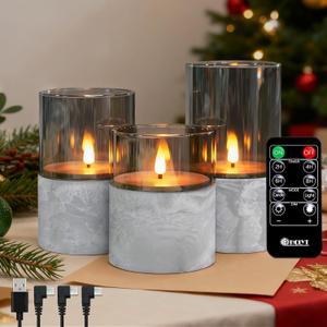 Rechargeable Marble Flameless Candles, Gray Glass LED Pillar Candle with Remote & Timer,Decorative Candles for Living Room, Bedroom, Holiday Dcor & Gifts for Women,Set of 3