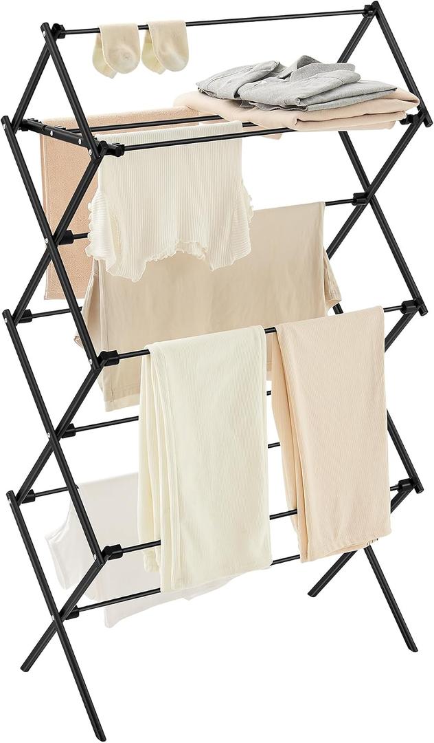SONGMICS Foldable Clothes Drying Rack, Laundry Drying Rack, Clothes Airer, Steel Frame, 14.6 x 29.5 x 53.2 Inches, Easy Assembly, Indoor Outdoor Use, Black ULLR770B01