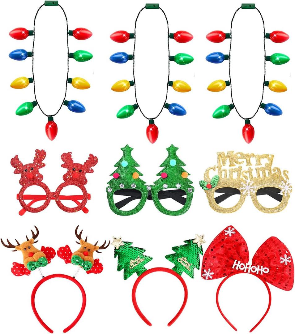 Christmas Light Up Necklace Headband Glasses Set, Christmas Party Favors, LED Bulb Necklace Headwear Eyeglasses Accessories