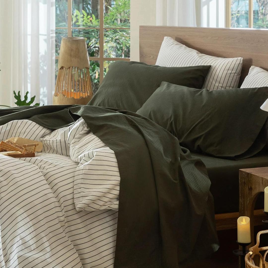 MooMee Bedding Sheet Set 100% Washed Cotton Linen Like Textured Breathable Durable Soft Comfy (Olive Green, Queen) (Queen, Olive Green)
