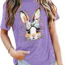 Easter Shirt for Women Bow Bunny Shirts Religious Rabbit Tshirt Coquette Bunny Tee Tops (Small, Polka Dot Bow-purple)