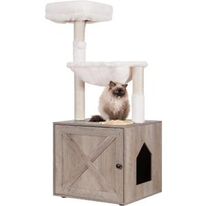 Hey-brother Cat Tree with Litter Box Enclosure, All-in-one Cat Tower for Indoor Cats with Large Hammock, Bed, Food Station, Scratching Posts, Modern Style Pet Furniture, Rustic Gray MPJ100SG
