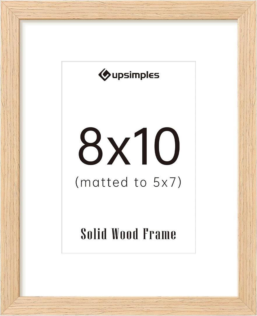 Upsimples 8x10 Picture Frame, Natural Solid Wooden Picture Frames, Display 5x7 with Mat or 8 x 10 Without Mat, Wall or Tabletop, 1 Pack, Natural