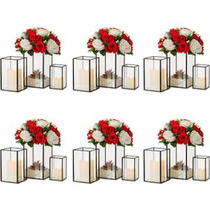 Hewory Glass Hurricane Candle Holder: 18Pcs Black Hurricane Candle Holders with Metal Frame Square, Clear Candle Holder for Table Centerpiece Wedding Christmas Engagement Birthday Party Decoration