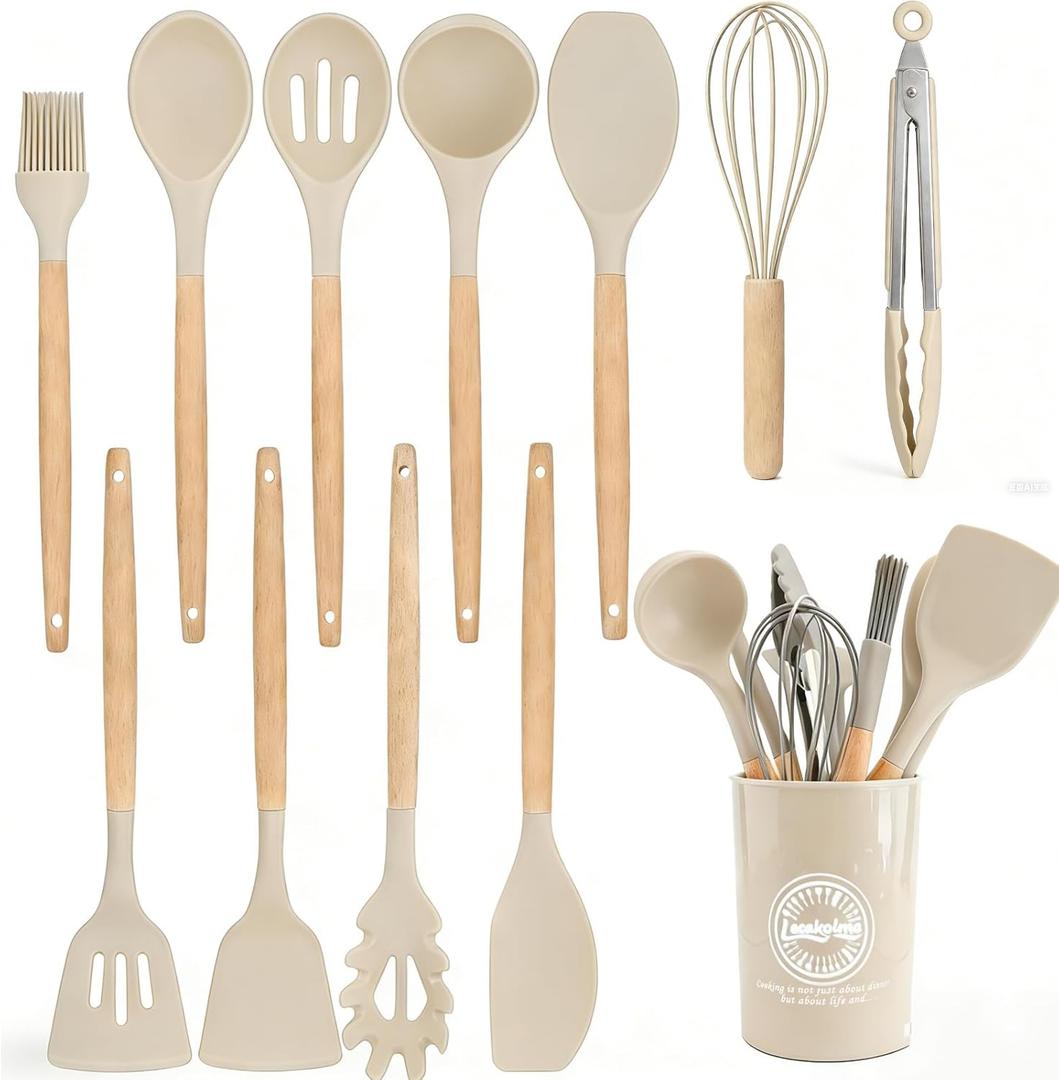 Silicone Cooking Utensil Set,12 PCS Cooking Kitchen Utensils Set, Nonstick Kitchen Utensils 446F Heat-Resistant Cookware Kitchen Tools of Spoon,Brush,Whisk,Spatula,Turner Tongs (Khaki)