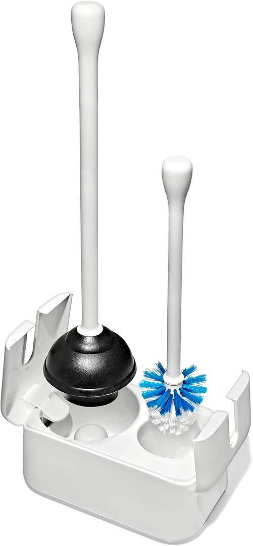 OXO Good Grips Toilet Brush & Plunger Set | Two Bathroom Essentials in one Space-Saving Canister | Toilet Bowl Cleaner and Plunger with Holder, Perfect for Small bathrooms
