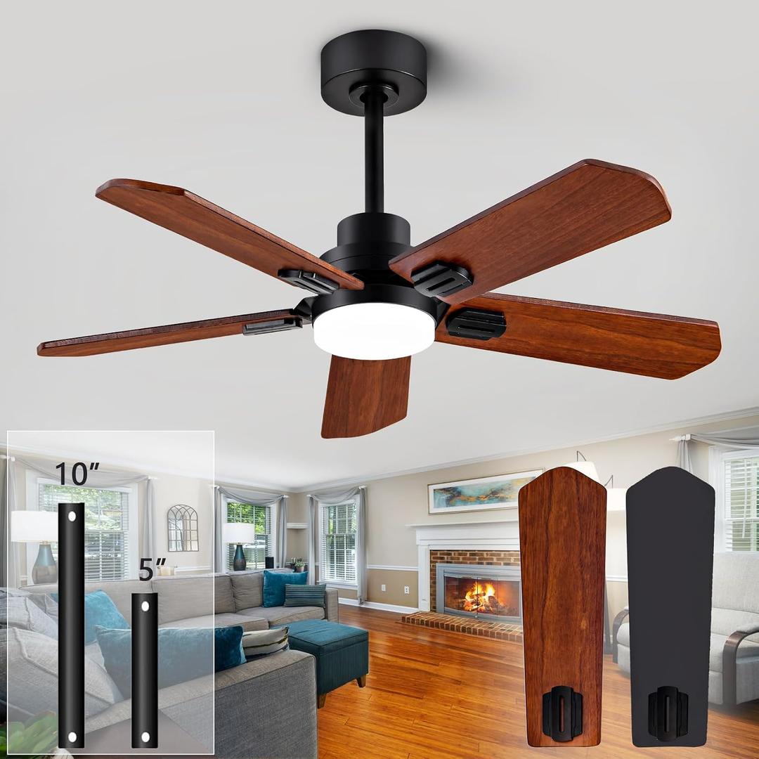 42" Wood Ceiling Fan with Light and Remote, Quiet Reversible DC Motor, 5 Blade Walnut/Black, 6 Speed, Indoor/Outdoor Ceiling Fans for Patio, Dining Room,Living Room and Farmhouse