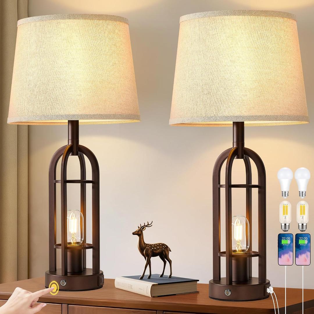 SRJJA 24" Table Lamps for Living Room Set of 2, Rustic Farmhouse 3-Way Dimmable Touch Industrial Bedside Lamps with USB A+C for Bedroom Nightstand4 Bulbs Included